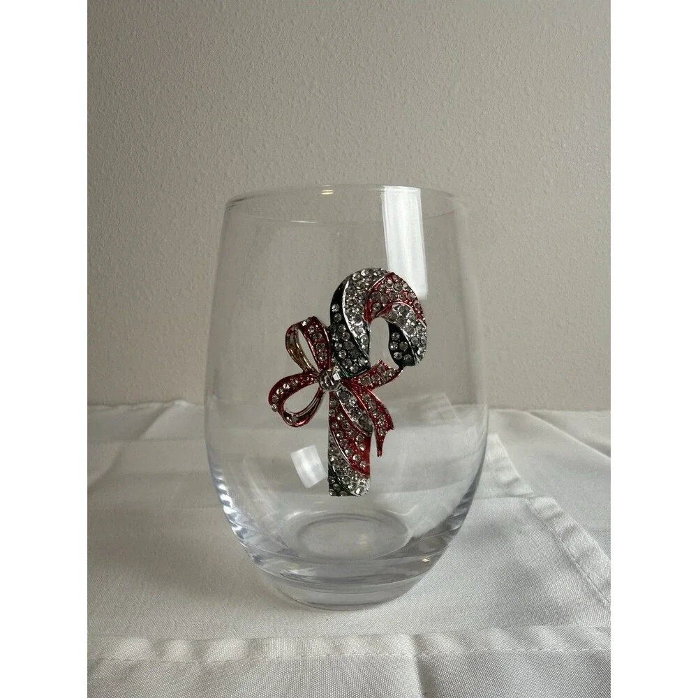 Clear Stemless Wine Glass, Christmas Holiday Candy Cane Decor, Bow Design